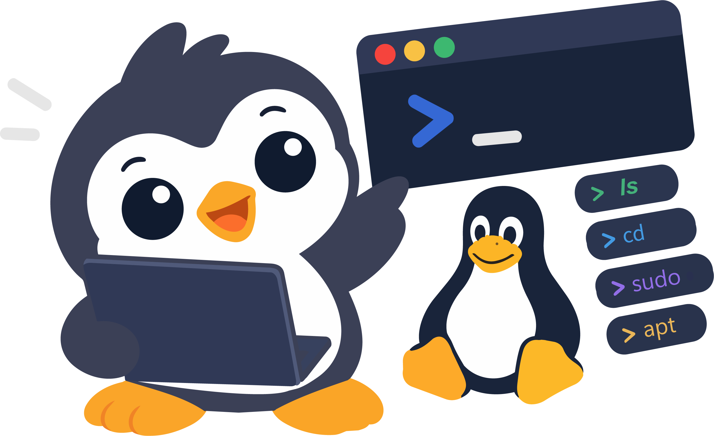 Pinguim do Comandu com o notebook e os comandos ls, cd, sudo e apt