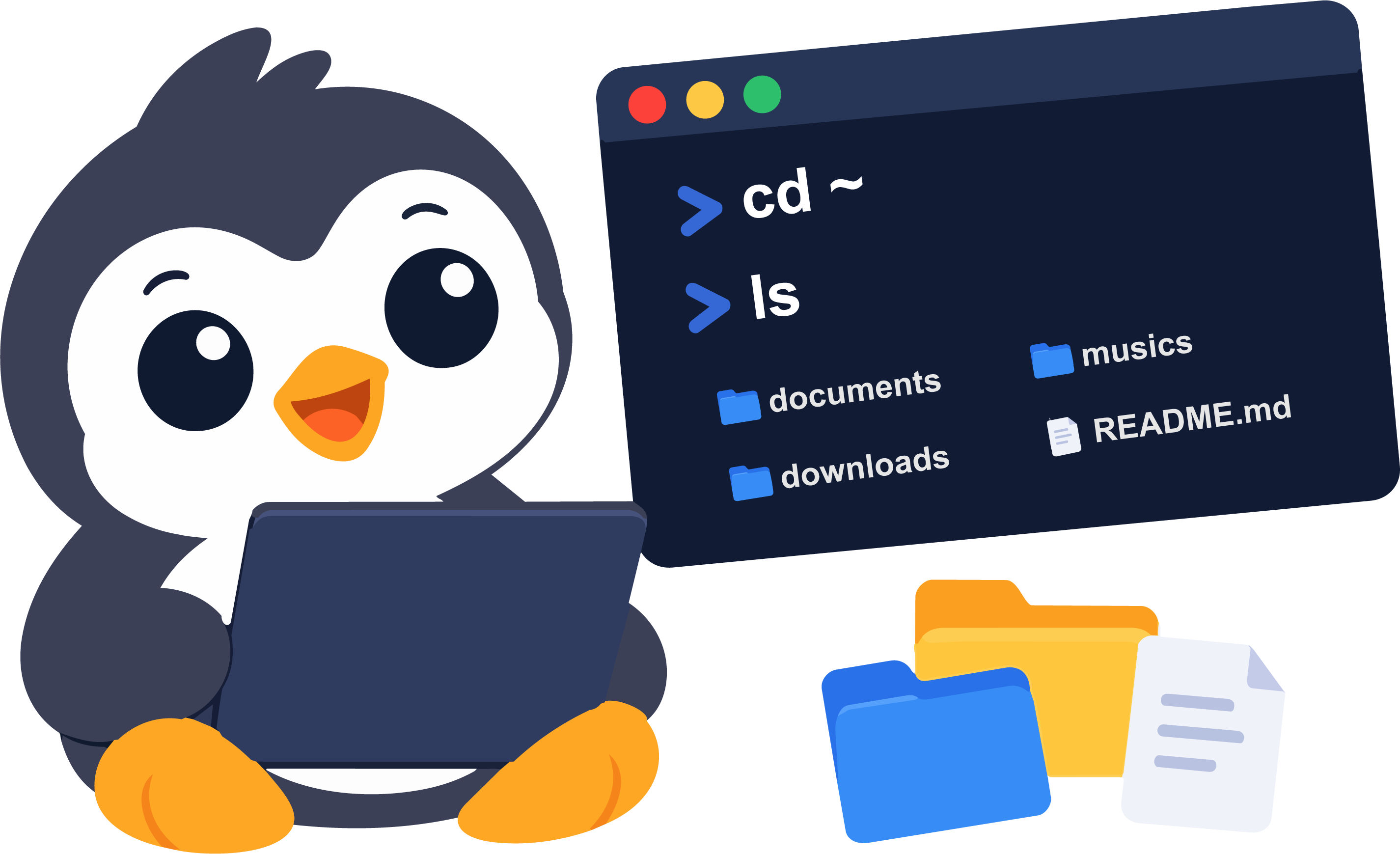 Pinguim do Comandu com o notebook, as pastas e um terminal com cd e ls